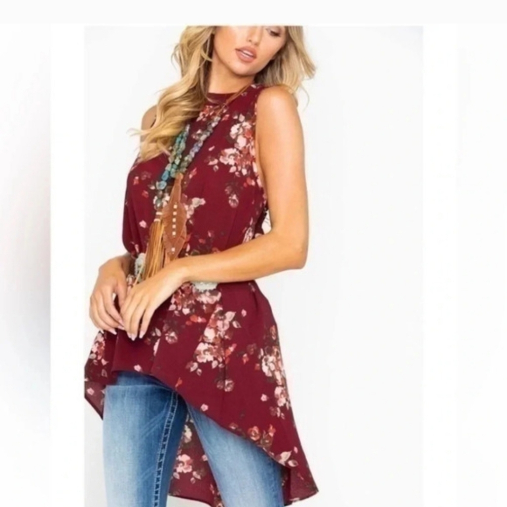 Wrangler |  Burgundy Floral High Low Sleeveless Blouse Size XXL NWT